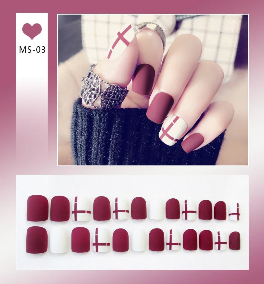 24pcs Matte False Nail Press On Nail With Glue Round Graffiti Fake Nail Manicure Nail Art Decoration  Nail Art Tools-Nail Inspo