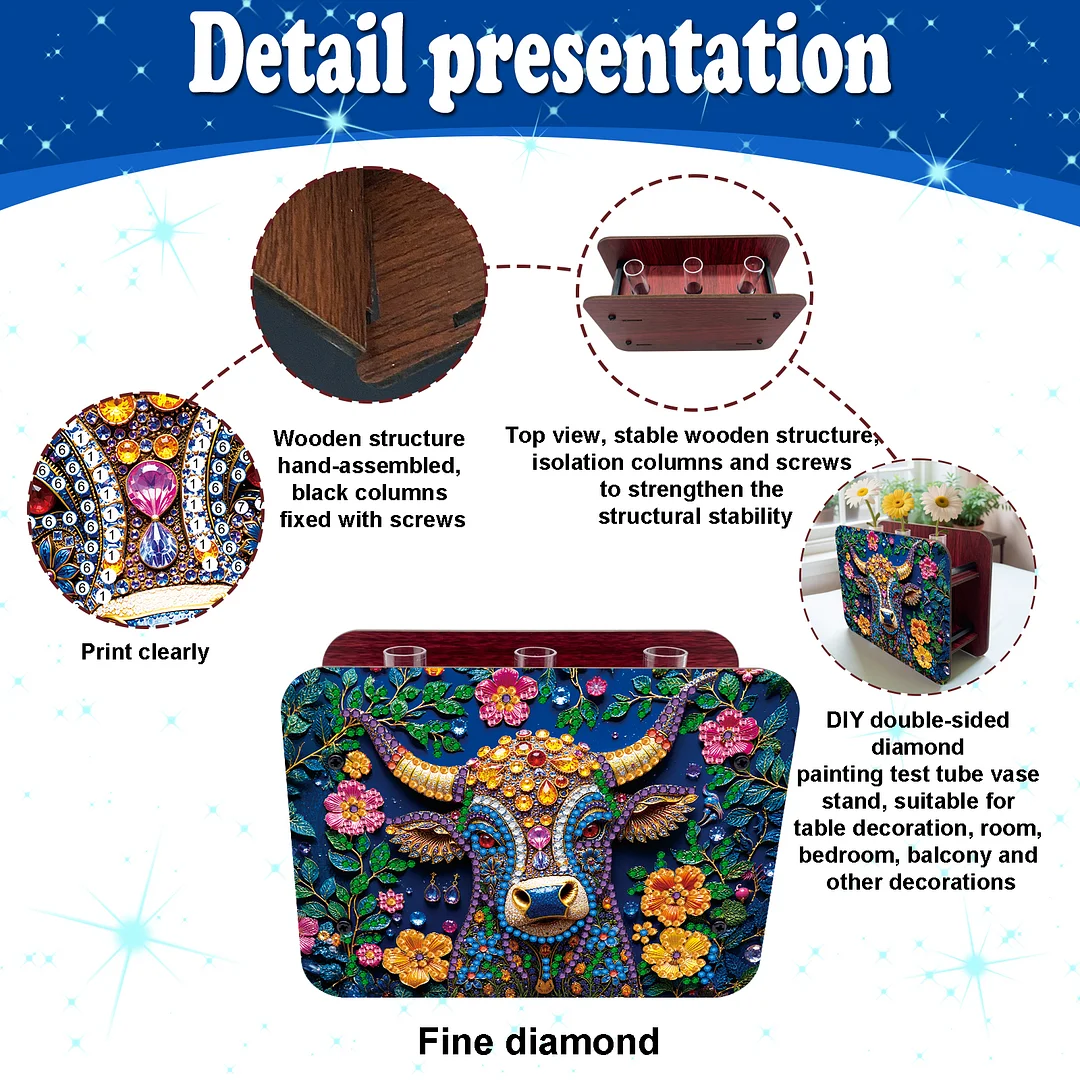 Gem Cow DIY Diamond Painting Wooden Tube Vase for Adults Gift Idea Home Decor