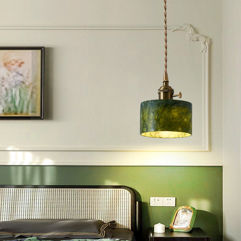 Traditional Vintage Cylinder Jade Metal Glass 1-Light Pendant Light For Bedroom