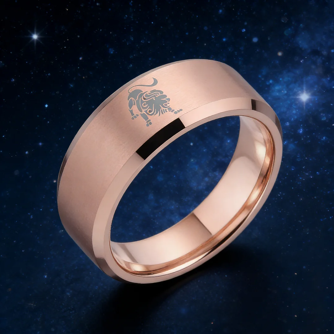 Rose Gold Leo Tungsten Carbide Rings Beveled Edges Rose Gold Laser Etched Couple Wedding Bands 4MM 6MM 8MM