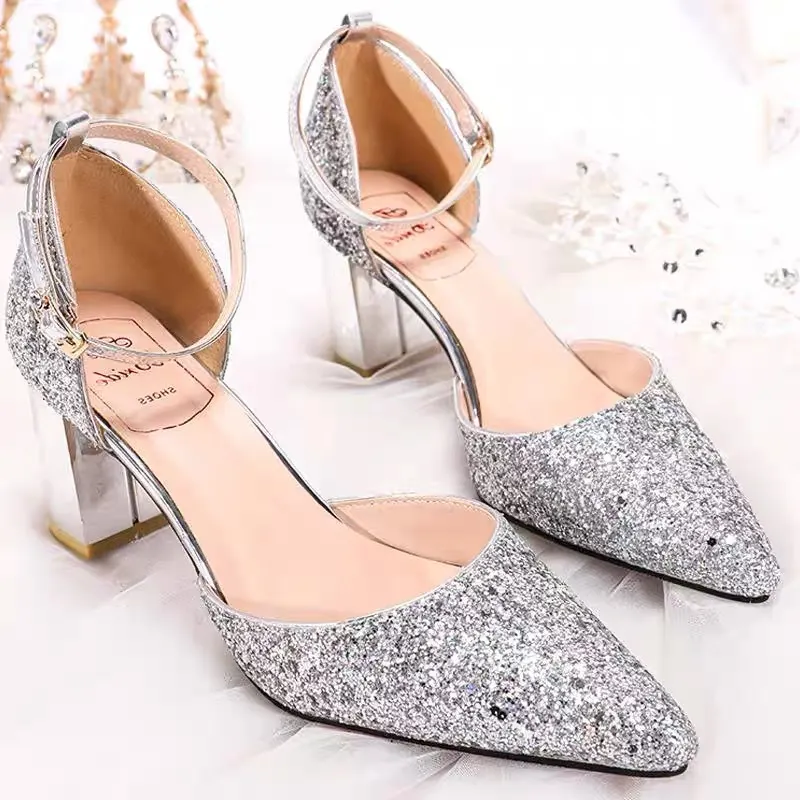 Breakj Breakj Shoes Crystal Shoes Women Wedding Shoes White Wedding Shoes Coarse Hedliers Buckle High Heels