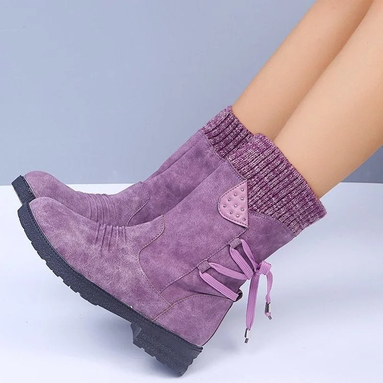 Women's PU Knitted Stitching Flat Ankle Boots
