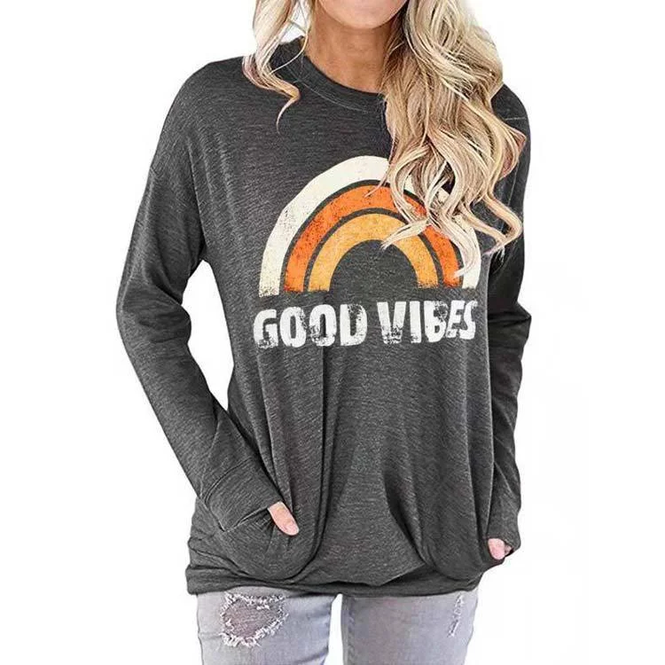 Women Beauty Rainbow Print Round Neck Long Sleeve Pocket T-Shirt