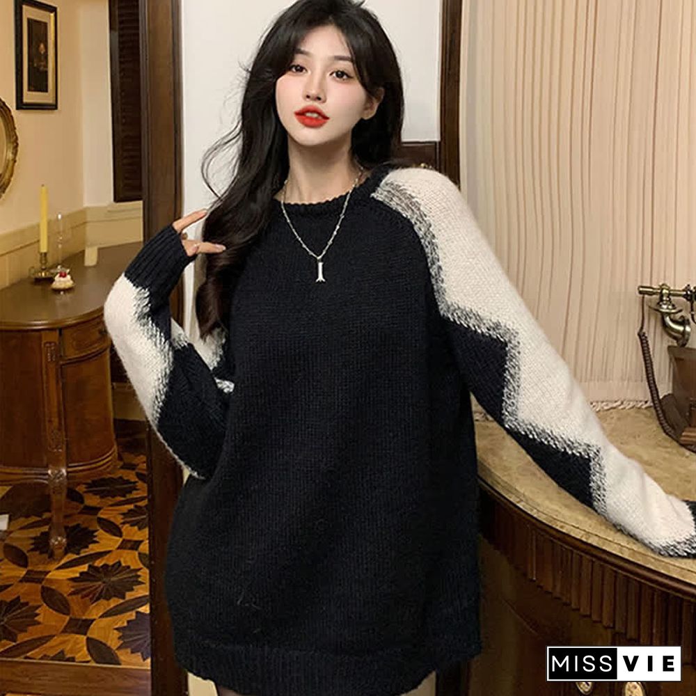 Chic Colorblock Round Collar Knit Loose Sweater