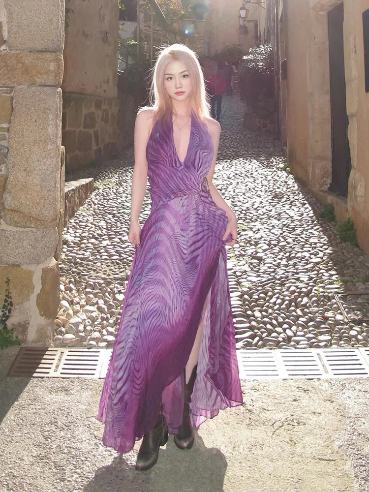 Elegant Deep V Neck Halter Maxi Dress