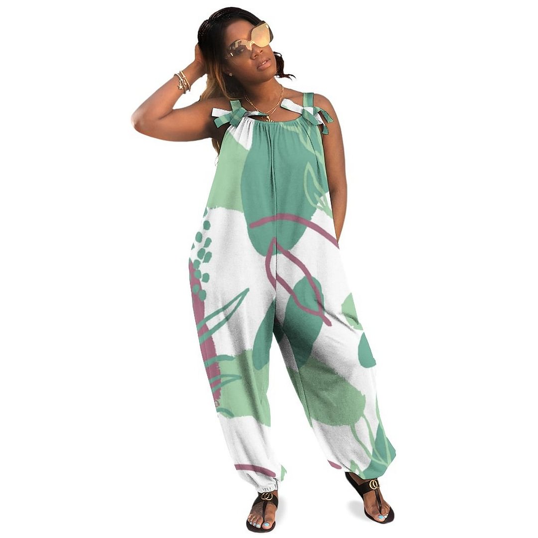 Artsy Flower Abstract Neo Mint Green With Cassis Boho Vintage Loose Overall Corset Jumpsuit Without Top