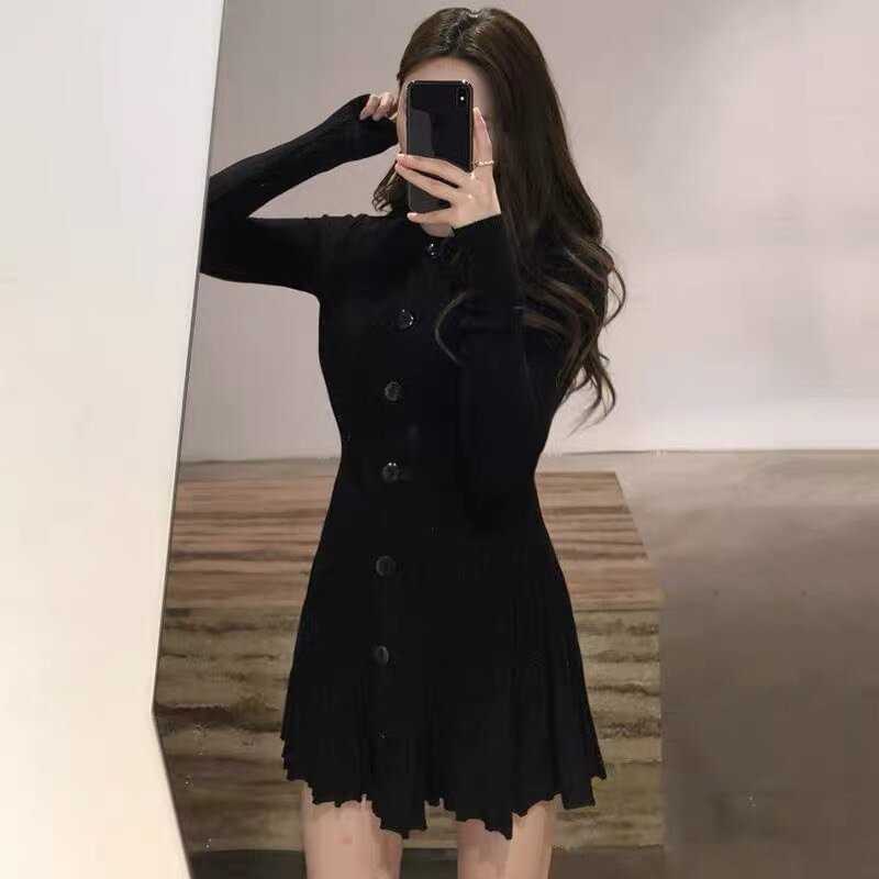 Spring 2020 long sleeve knitted dress slim and sweet single breasted Pleated Dress with waist closed sexy orange