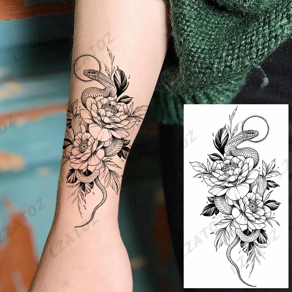 Sdrawing Rose Flower Temporary Tattoos For Woman Adults Realistic Compass Cross Fake Tatoos Sexy Waterproof Hand Tattoo Sticker