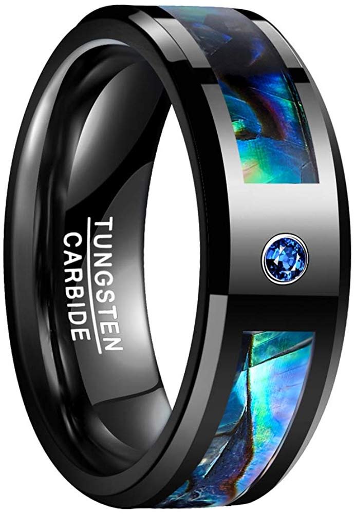 Men Or Women Abalone Shell and Blue Cubic Zirconia Inlay Tungsten Matching Rings Black Couple Wedding Bands Beveled Edge Mens Women Rings For 4MM 6MM 8MM 10MM