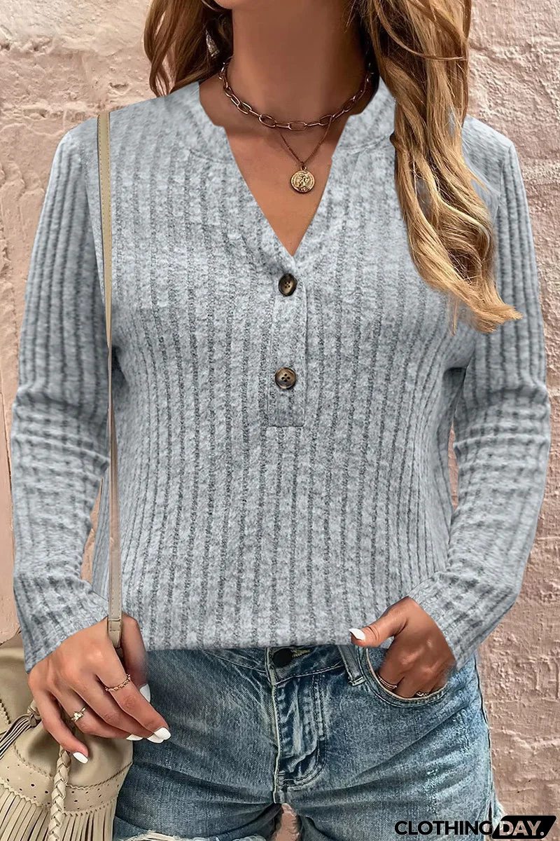 Casual Solid Buttons V Neck Tops