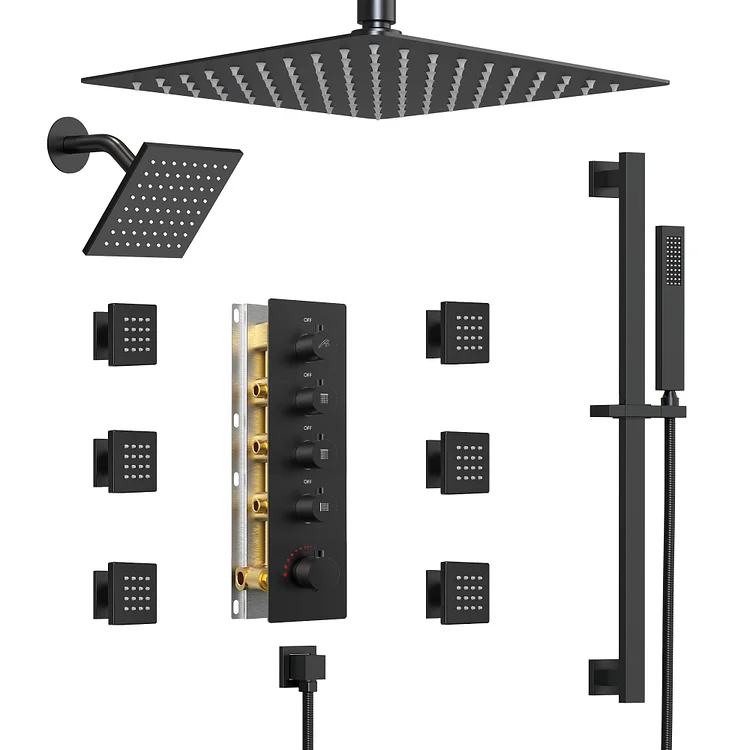 EVERSTEIN Thermostatic Rainfall Bathroom Shower System in Matte Black SFS-1031-BK16