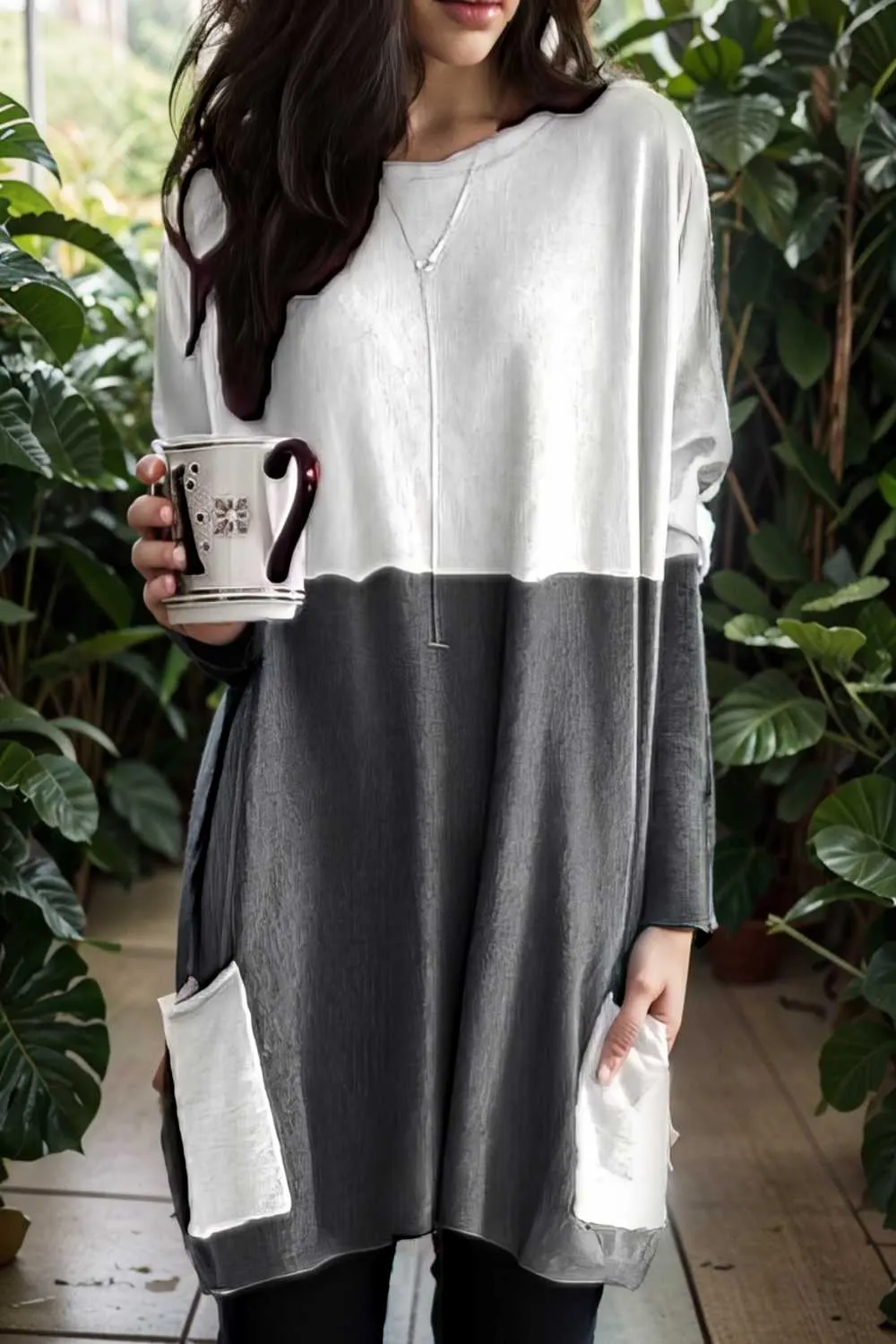two color stitching pocket loose long sleeve t shirt