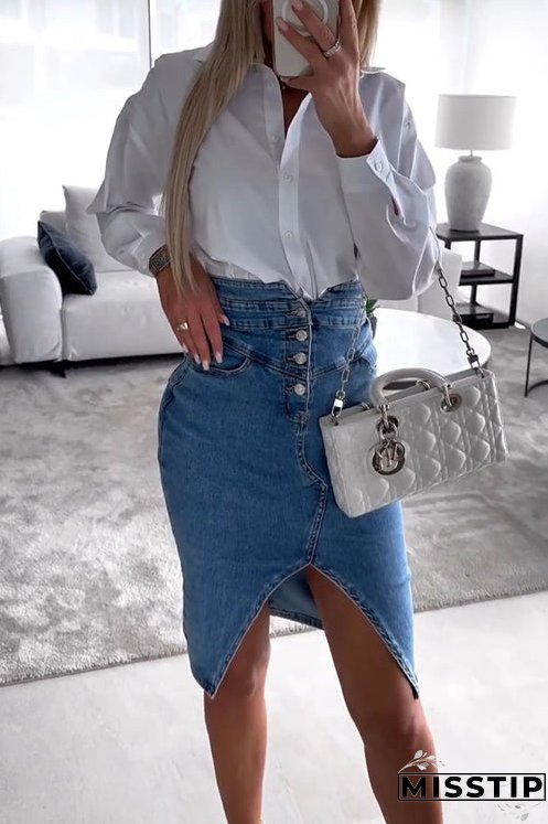 High Waist Slit Front Knee Length Denim Skirt