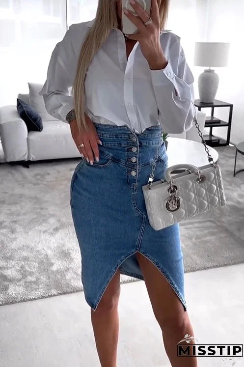 High Waist Slit Front Knee Length Denim Skirt