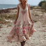 Vintage Pink Roses Fiber Art Lace Flowy Linen Maxi Dress - Image 2