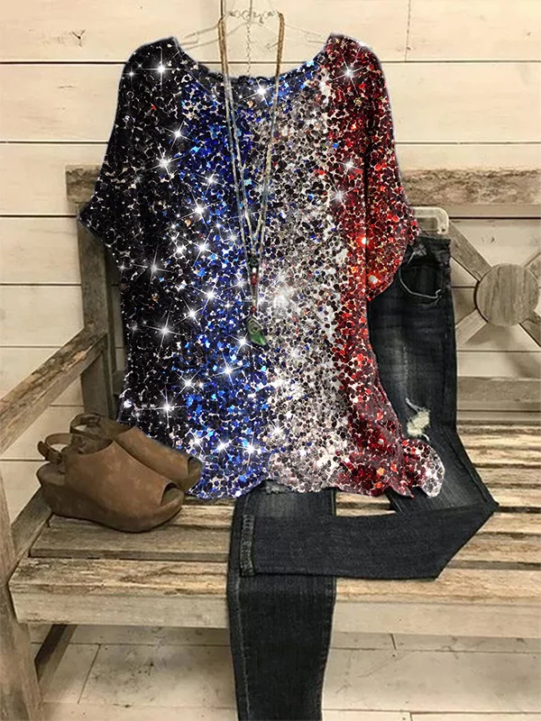 Shiny Sequin Red And Blue Color Matching Printed T-shirt
