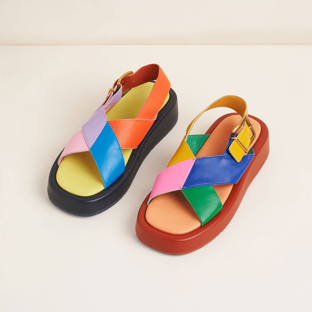 Women's Rainbow Square Toe Buckle Wedge Low Heel Platform Sandals Nicepairs