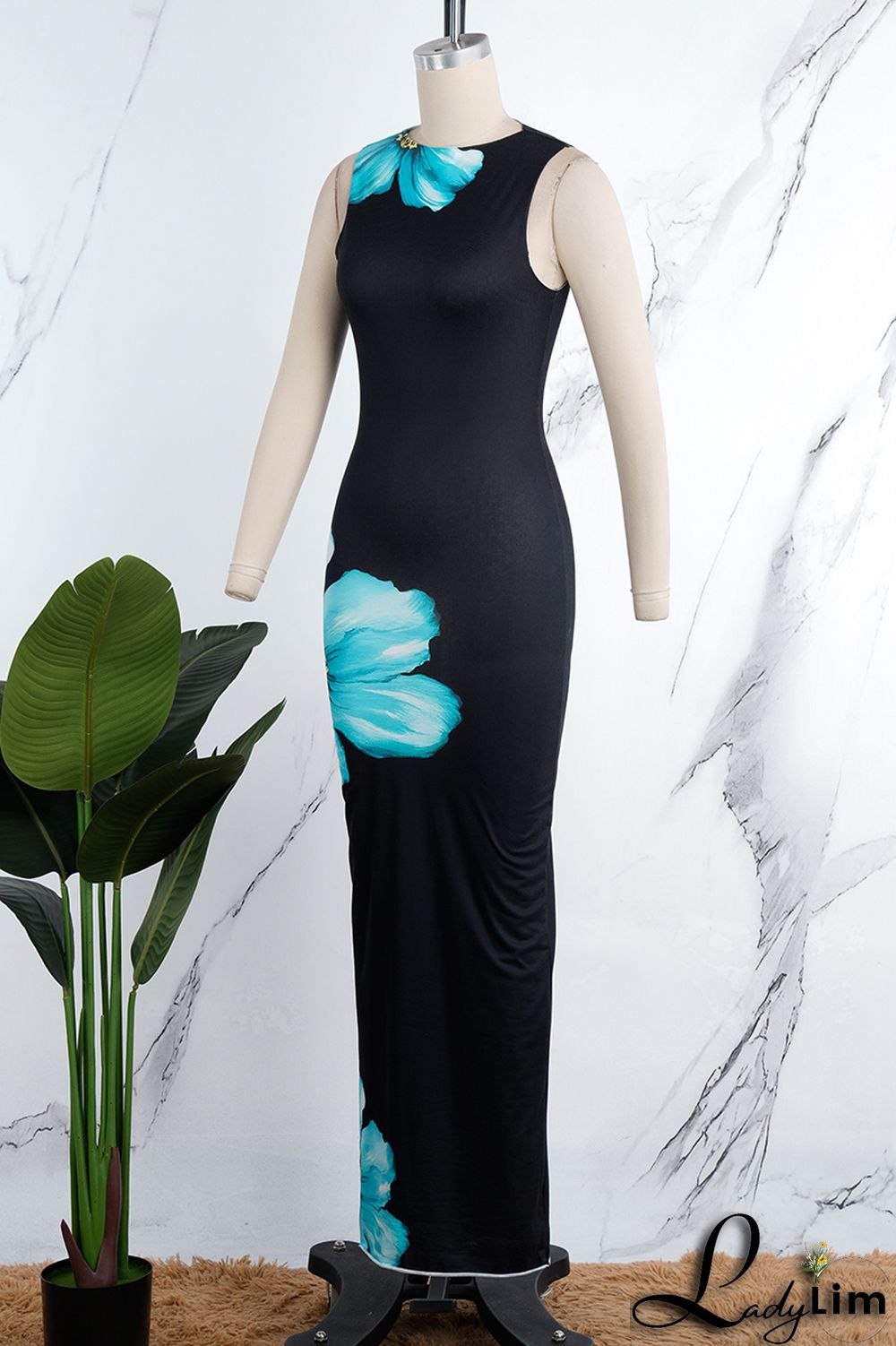 Black Elegant Floral Patchwork O Neck Wrapped Skirt Dresses