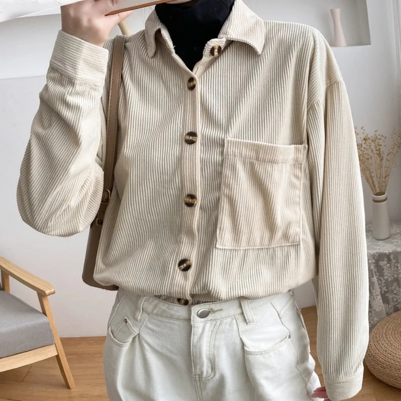 New Women Solid Corduroy Batwing Sleeve Vintage Blouse Turn-Down Collar Loose Top Button Up Pink Shirt Feminina Blusa T9D609T