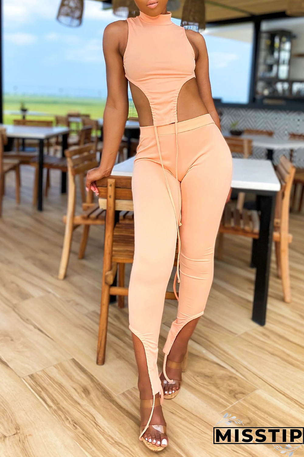 Pink Sexy Solid Patchwork Turtleneck Sleeveless Two Pieces