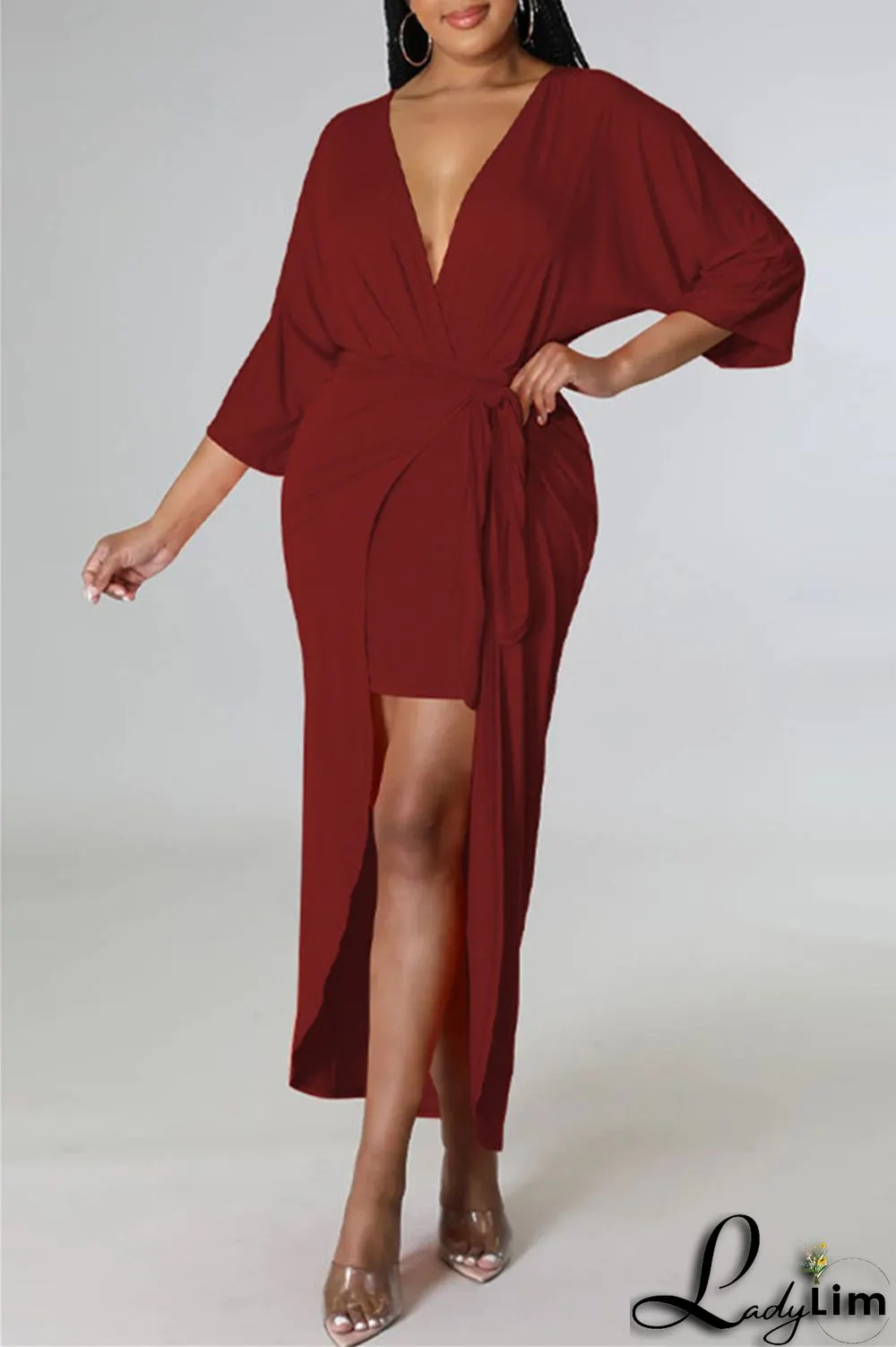 Burgundy Fashion Casual Solid Patchwork V Neck Irregular Dress