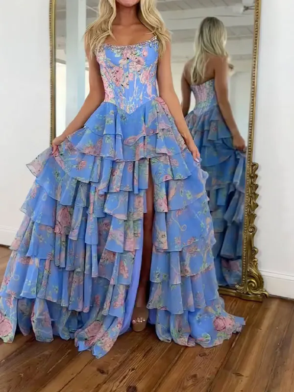 Flower printed Sleeveless Tube Ruffled Maxi Dresses Fairytale Dress