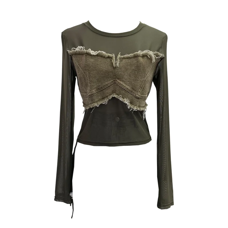 Uveng Vintage Spice Girls Stomee Net Yarn Sexy Perspective Drawstring Long-Sleeved T-Shirt Top 2630