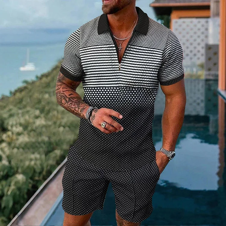 Broswear Stripes Polka Dot Stitching Gradient Polo Shirt And Shorts Co-Ord