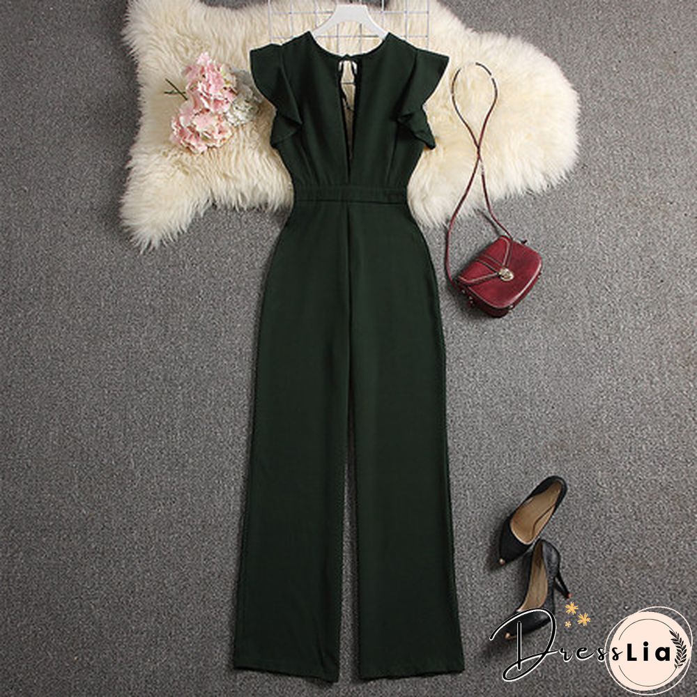 ALPHALMODA Summer Women Deep V-neck Sexy Jumpsuits Solid Color Straight Full Length Pants Ladies Party Overall Outfit