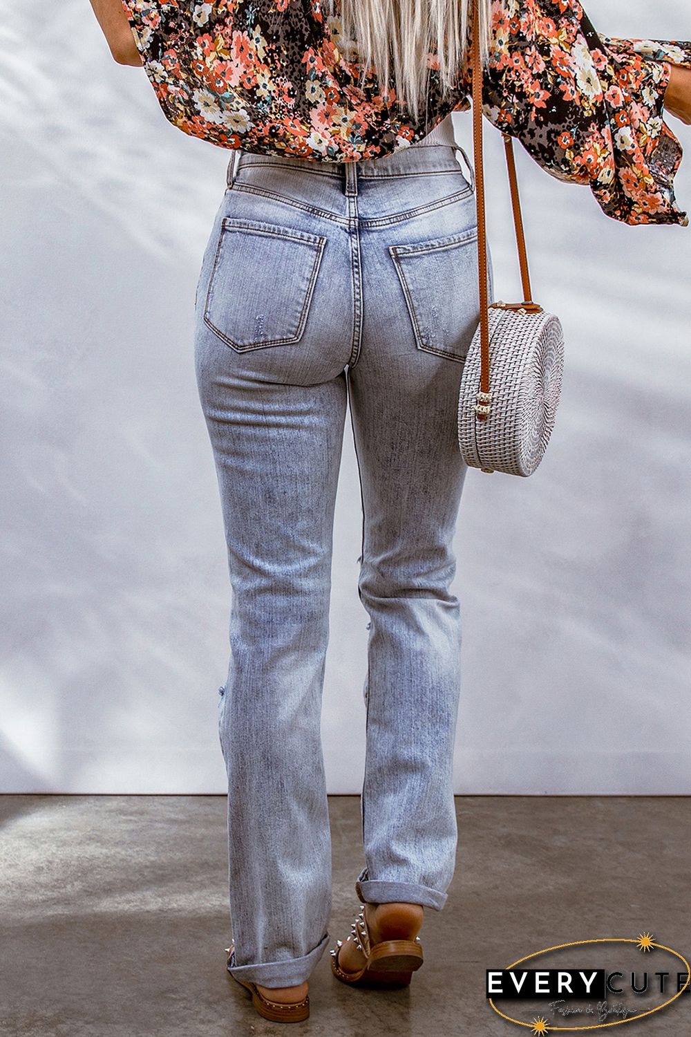 Sky Blue Acid Wash Sheath Straight Leg Distressed Jeans