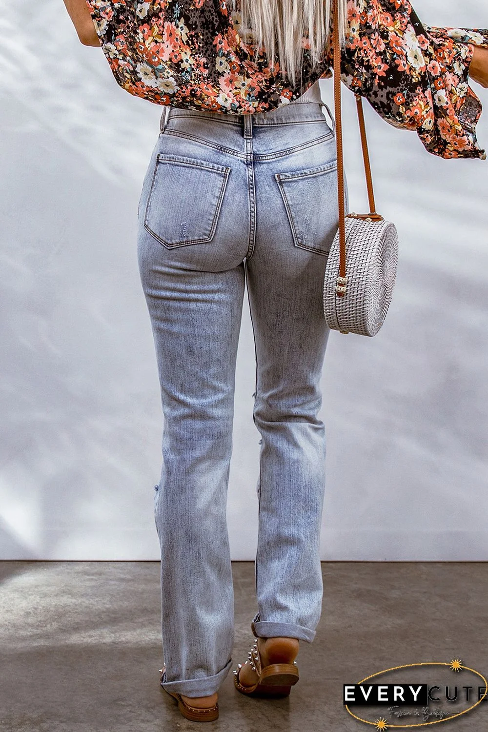 Sky Blue Acid Wash Sheath Straight Leg Distressed Jeans