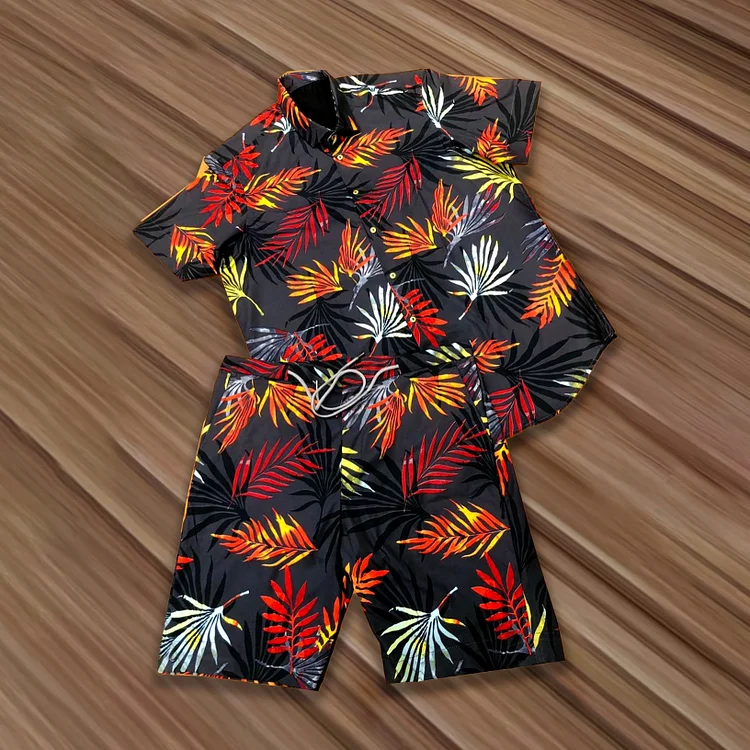 BrosWear Fashion Leaf Print Black Shirt And Shorts Co-Ord