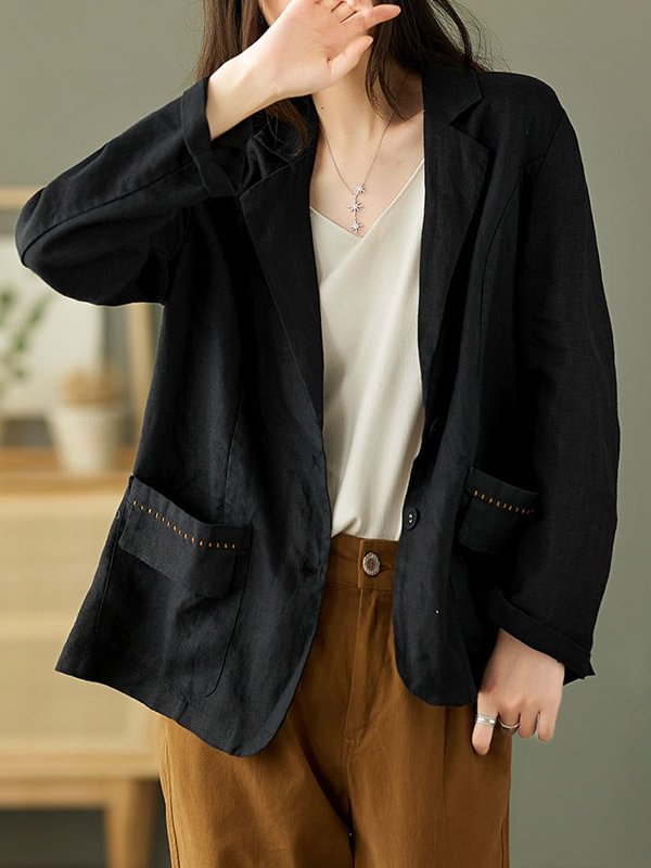 Simple Solid Color Split-Joint With Pocket Buttoned Notched Collar Long Sleeves Outwear