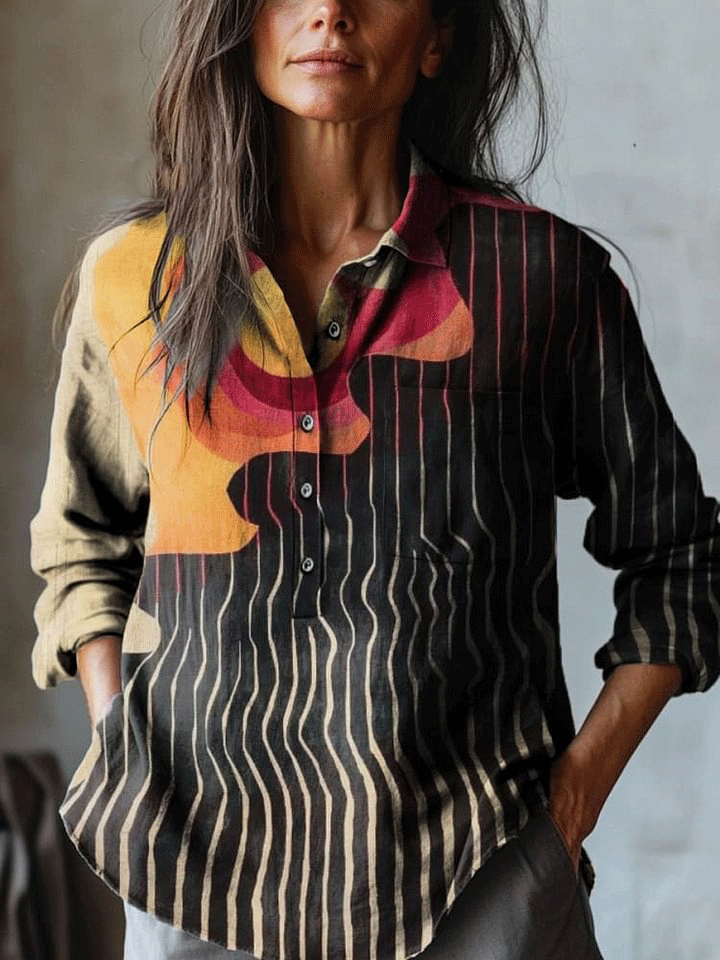Women's Abstract Color Stripes Art Print Casual Cotton And Linen Shirt