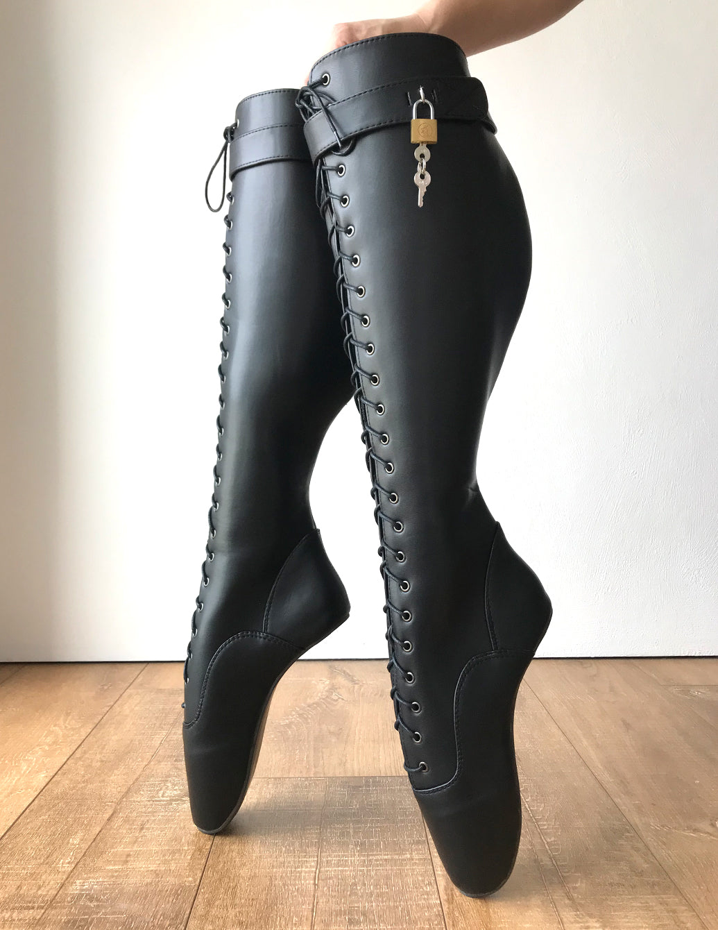 TAAFO PFEIFFER Heelless Lace Up Knee Hi Ballet Strap Padlock Pain Boots Black Matte