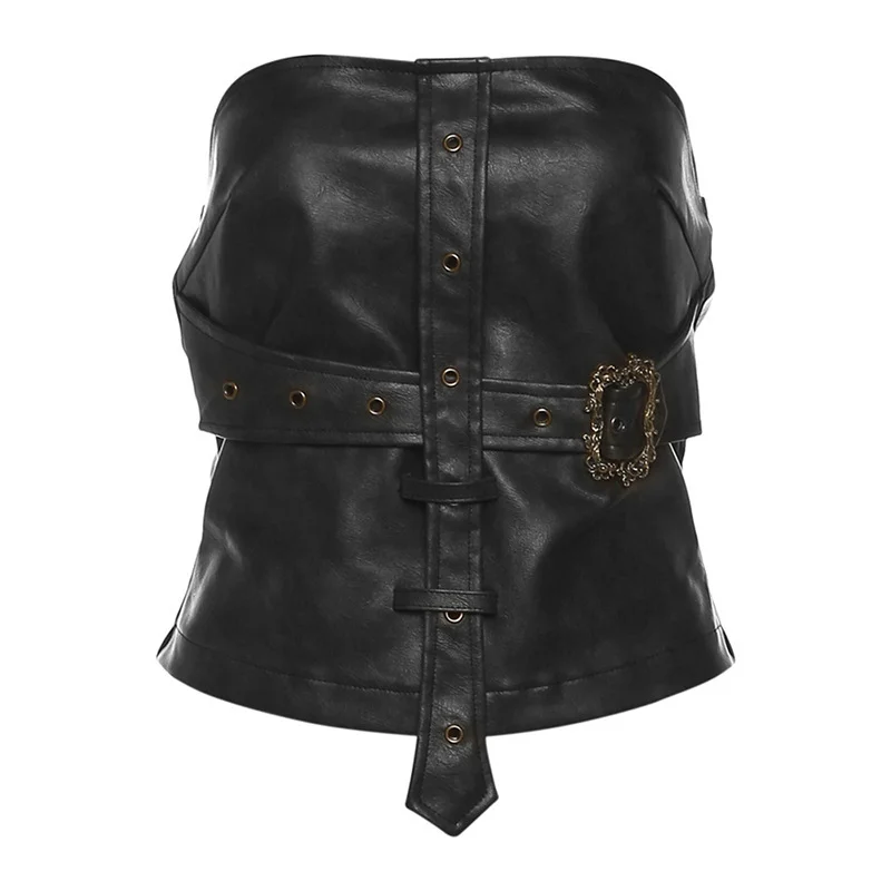 Ueong Ueong Summer Women's Sexy Hot Girl Back A Word Collar Slim Crop PU Small Vest