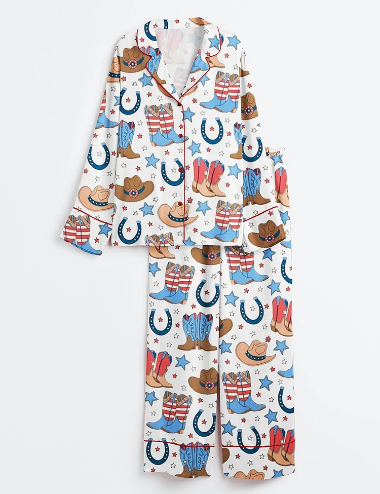 Women&rsquo;s Fourth Of July Red White Blue USA Flag America Western Cowboy Boots Patriotic Cowboy Long Sleeve Satin Pajama Set