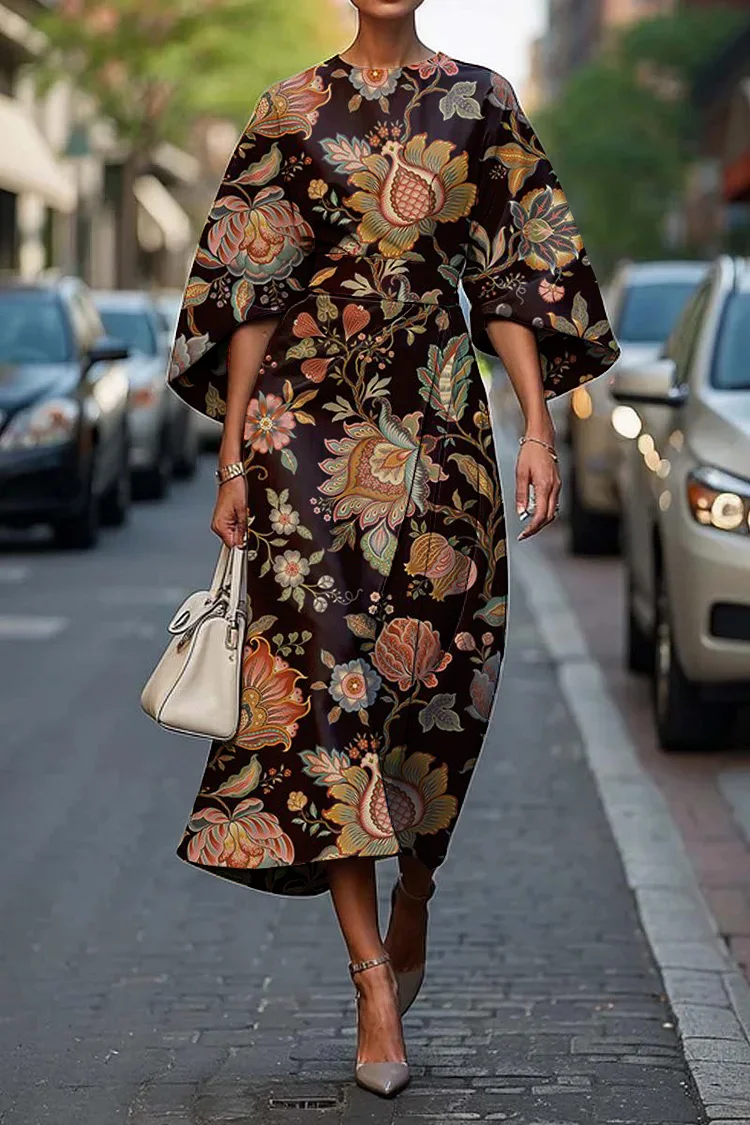 Women's Elegant Vintage Floral Print Midi Dress
