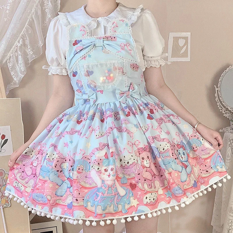 Sweet Lolita Milk Foam Pudding Print Lolita Cute Jsk Strap Dress Women Summer Tea Party Princess Bowknot Dresses
