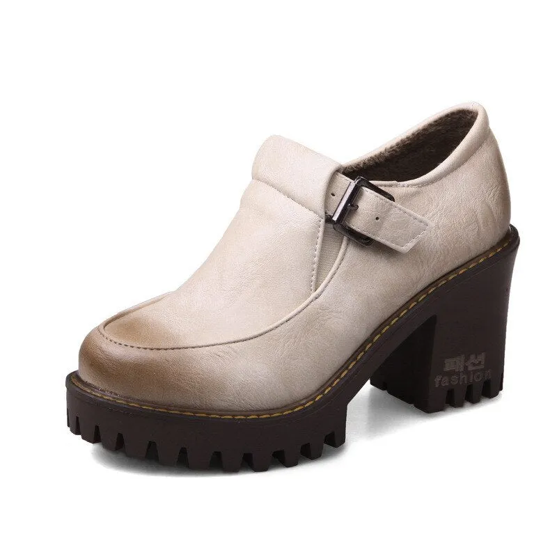 Gdgydh New 2021 Spring Platform Women Shoes On Heels British Style Single Shoes Round Toe Square Heels Ladies Pumps Large Size