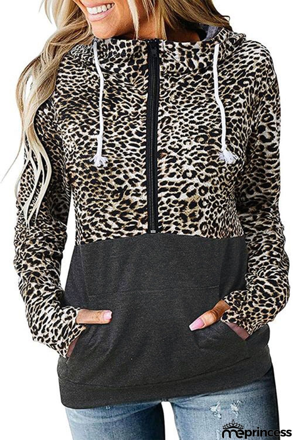 Zebra Print Patchwork Hoodie with Kangaroo Pocket