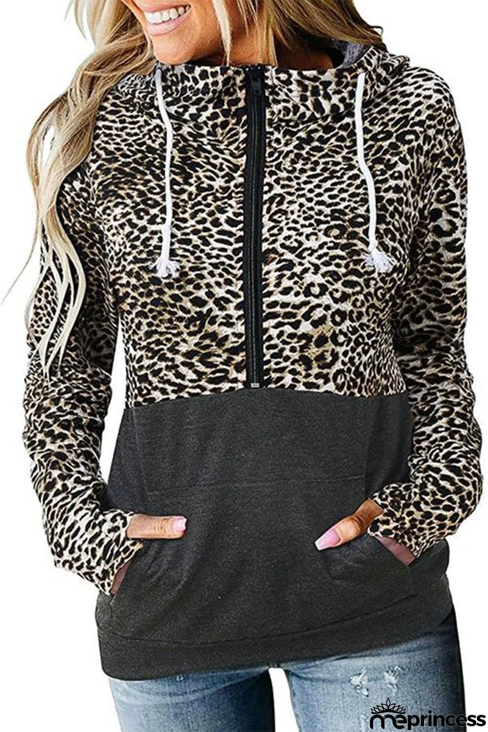 Zebra Print Patchwork Hoodie with Kangaroo Pocket