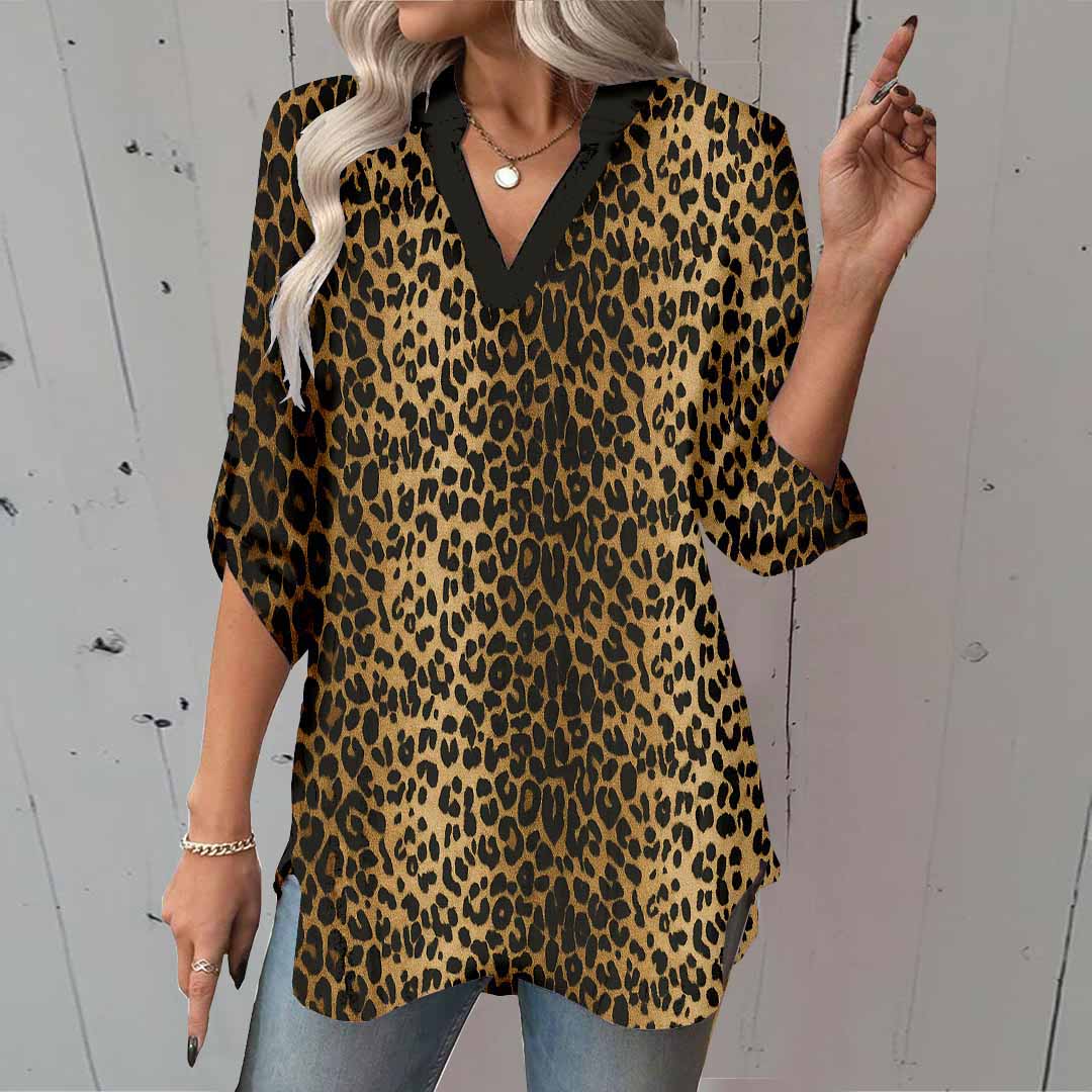 Women Leopard, Brown, Yellow DZGA0552 3/4 Sleeve V-neck Printed Graphic Button Tops