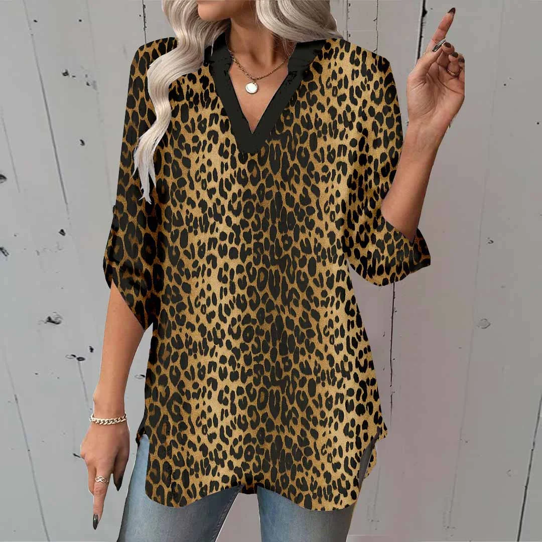 Women Leopard, Brown, Yellow DZGA0552 3/4 Sleeve V-neck Printed Graphic Button Tops