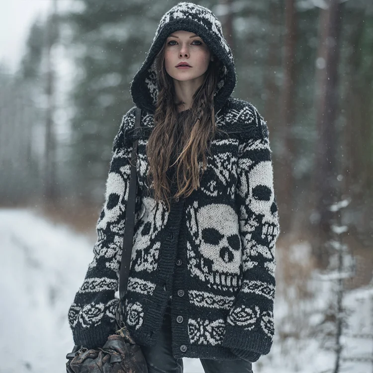 Women's Vintage Three-dimensional White Rose Casual Warm Hooded Cardigan Sweater