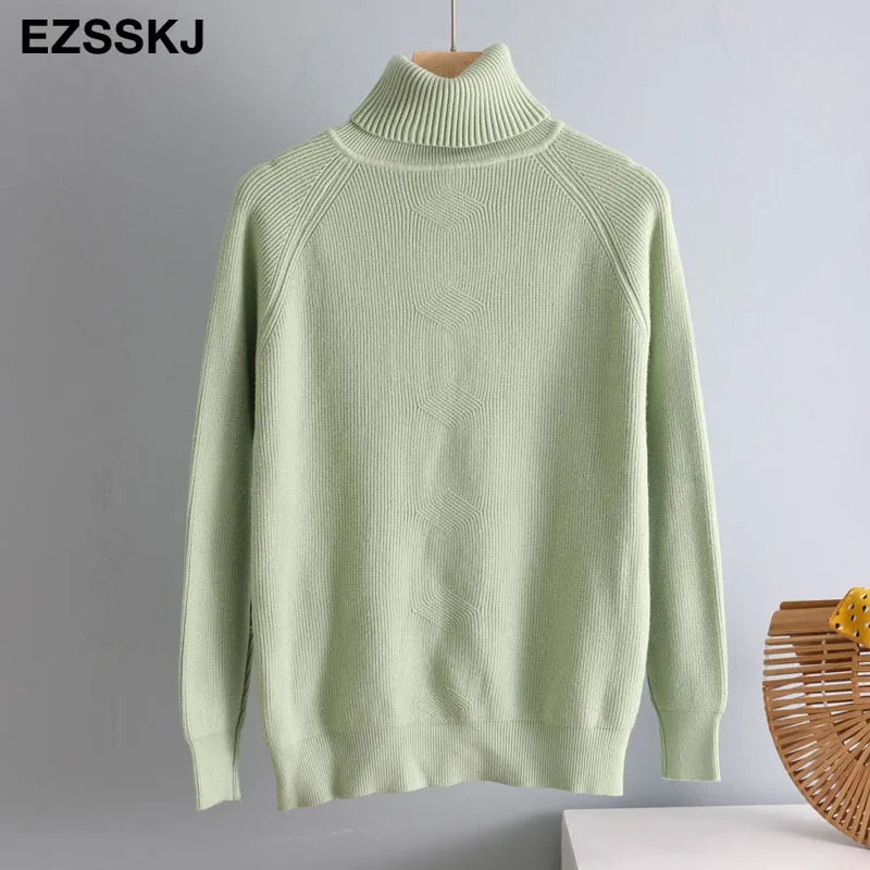 casual Autumn Winter Basic  THICK HIGH-NECK Sweater pullovers Women 2021 loose Knit  Pullover female Long Sleeve Khaki Sweater