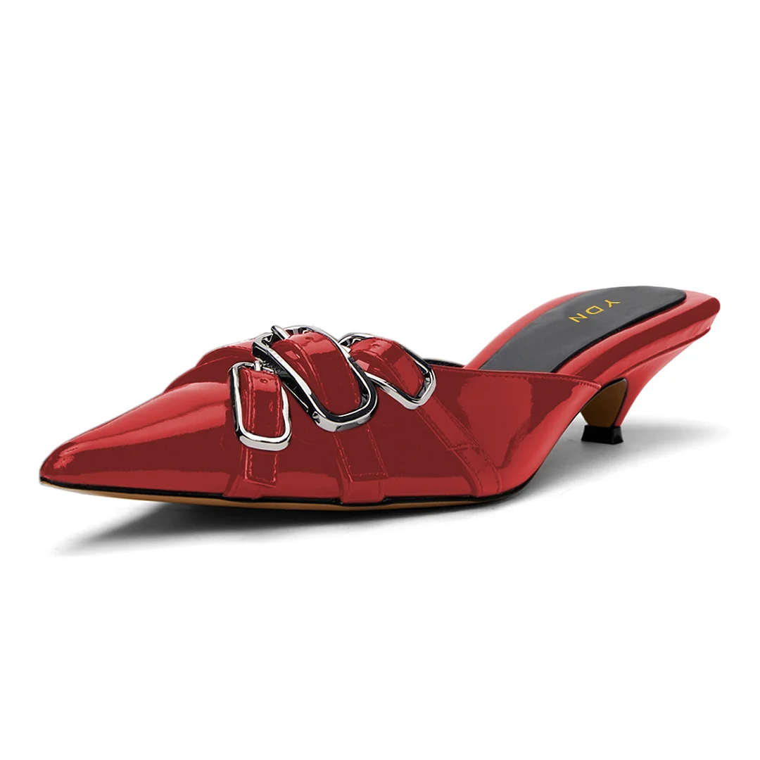 Red Patent Leather Pointed Toe Buckle Strap Decor Mules Shoes