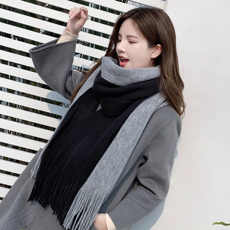 Imitation Cashmere Scarf Women’s Autumn And Winter Color-blocking Warm Japanese And Korean Style Couple Thickened Scarf Two-color Tassel Scarf