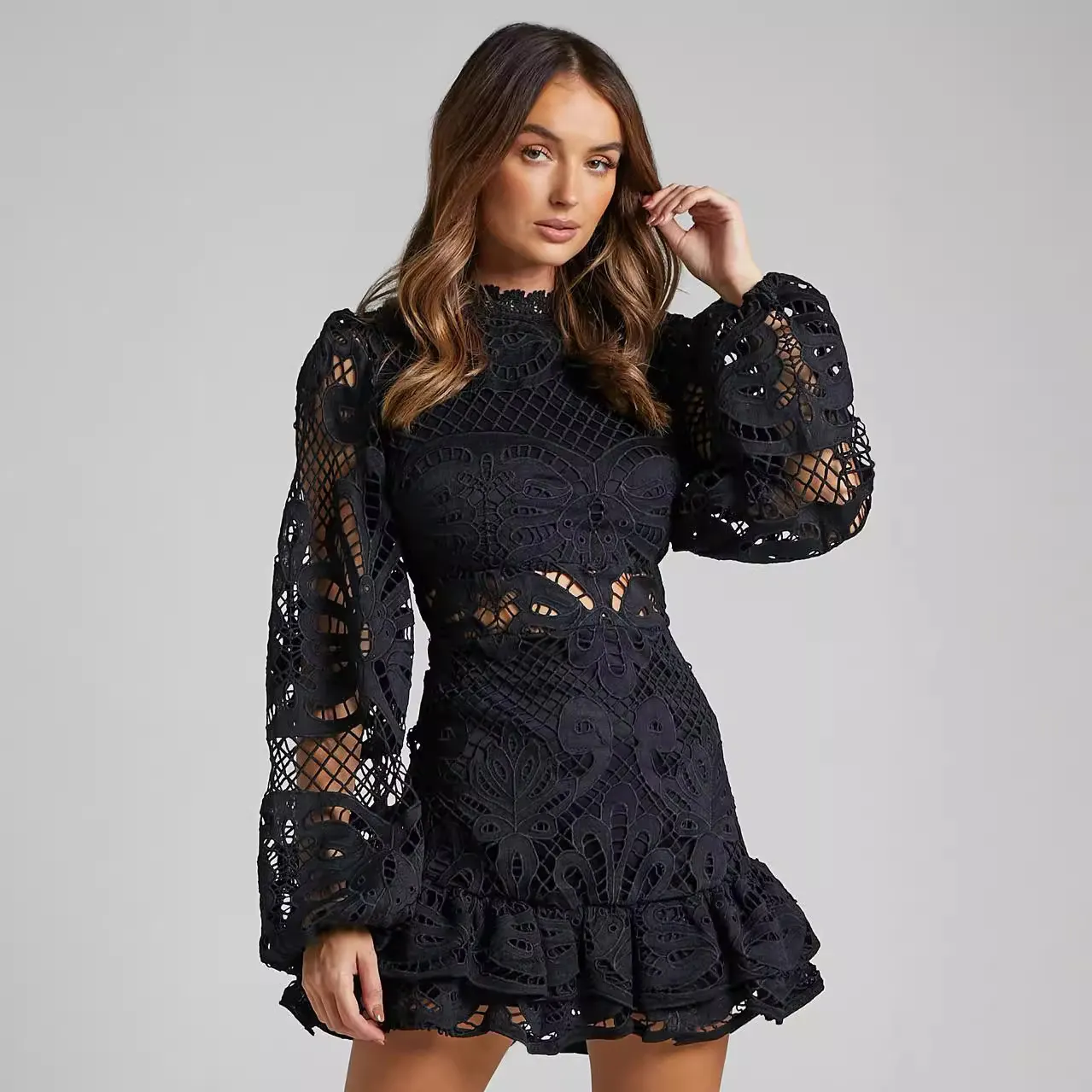 Women's Lace Mini Dress, Cutout Waist Bishop Sleeve Ruffle Hem Party Dress