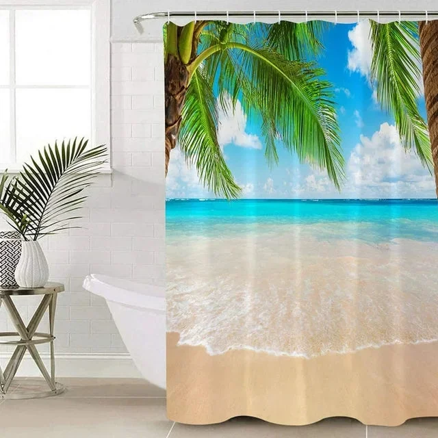 3D Ocean Beach Shower Curtain With 12 Hooks, Waterproof Polyester Fabric Starfish Shower Curtain, 72 x 72 Inch Bath Shower Curtain Set For Bathroom Decor